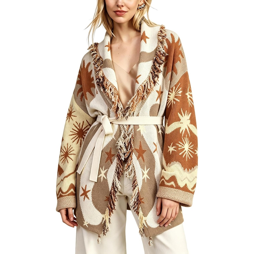 image:imageSpringrain Womens Boho Fringe Knit Cardigan Belted Wrap Sweater CoatKhaki