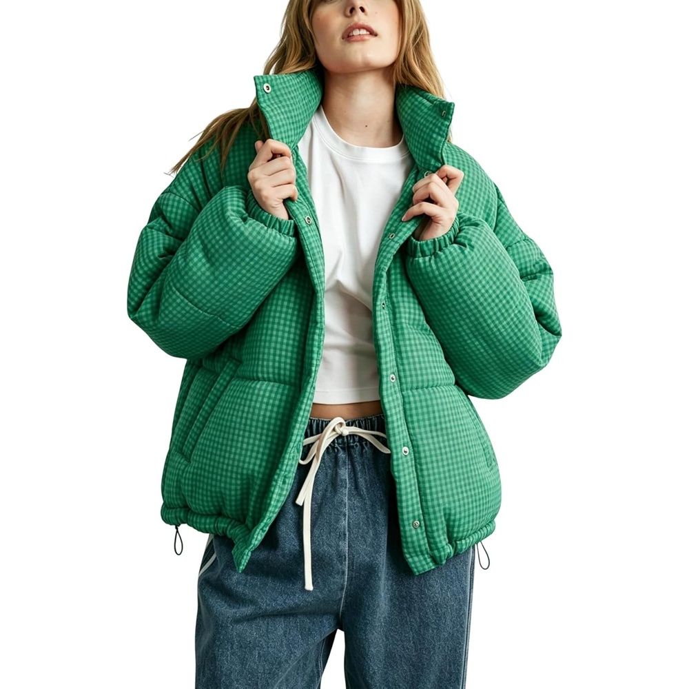 image:imageSpringrain Womens Gingham Quilted Zip Up Puffer Jacket Winter Warm CoatGreen