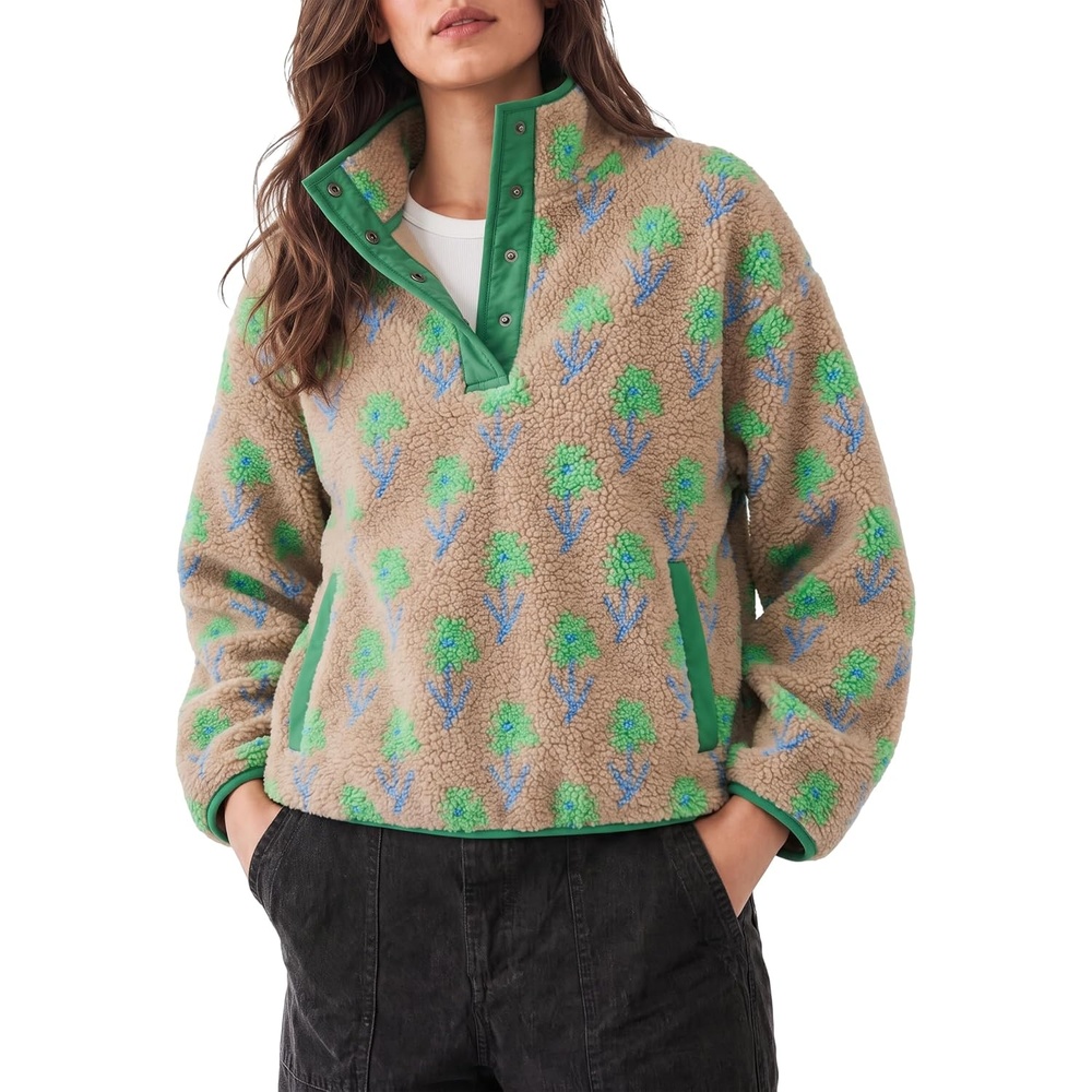 image:imageSpringrain Womens Half Zip Sherpa Fleece Jacket Floral Fall Winter CoatGreen