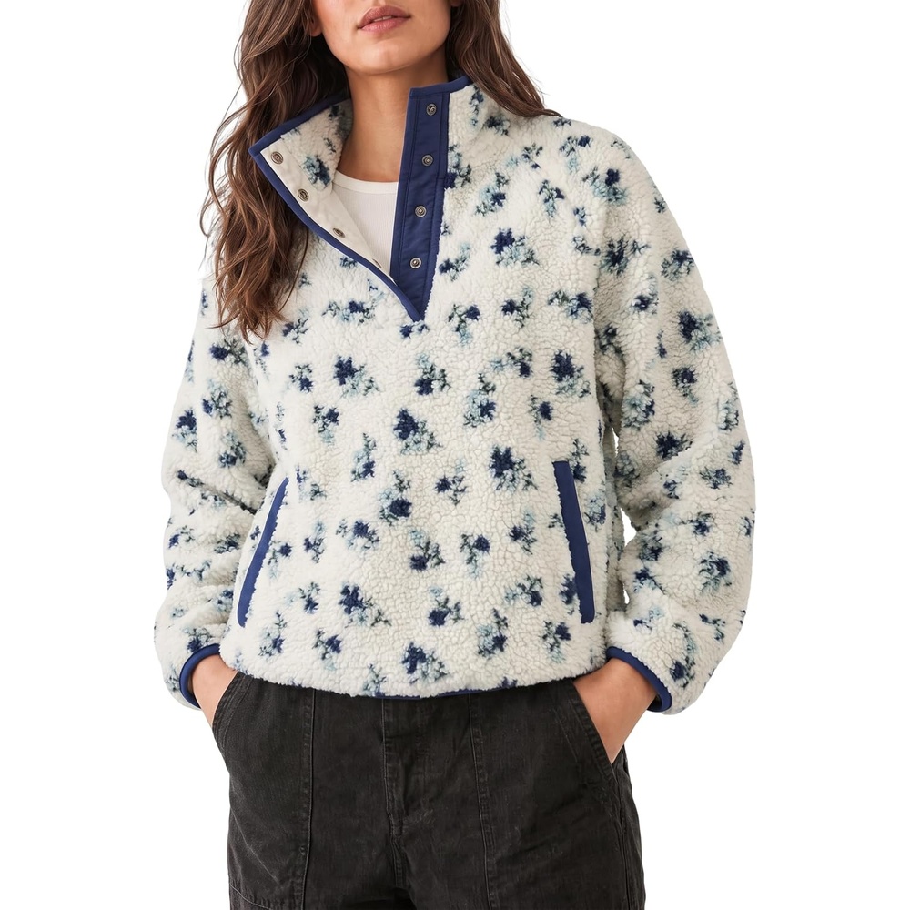 image:imageSpringrain Womens Half Zip Sherpa Fleece Jacket Floral Fall Winter CoatNavy