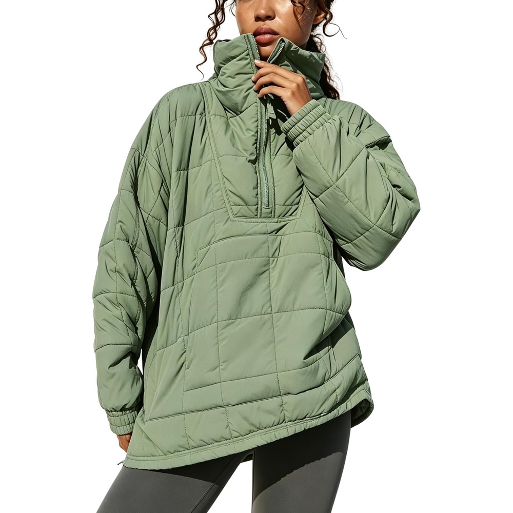 image:imageSpringrain Womens Quilted Pullover Puffer Jacket Oversized Half Zip CoatGreen
