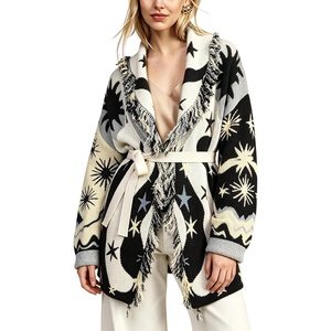 Springrain Womens Boho Fringe Knit Cardigan Belted Wrap Sweater Coat(Black)