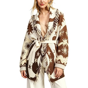 Springrain Womens Boho Fringe Knit Cardigan Belted Wrap Sweater Coat(Brown)