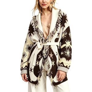 Springrain Womens Boho Fringe Knit Cardigan Belted Wrap Sweater Coat(Coffee)