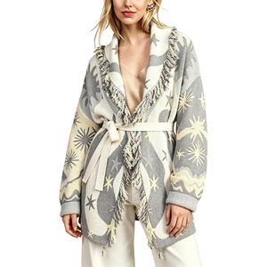 Springrain Womens Boho Fringe Knit Cardigan Belted Wrap Sweater Coat(Lightgrey)