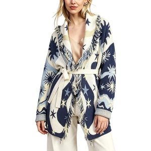 Springrain Womens Boho Fringe Knit Cardigan Belted Wrap Sweater Coat(Navy)