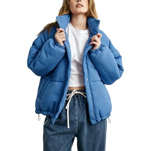 Springrain Women’s Gingham Quilted Zip Up Puffer Jacket Winter Warm Coat(Blue)