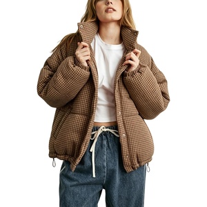 Springrain Women’s Gingham Quilted Zip Up Puffer Jacket Winter Warm Coat(Brown)
