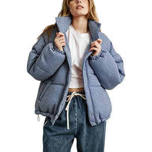 Springrain Women’s Gingham Quilted Zip Up Puffer Jacket Winter Warm Coat(Navy)