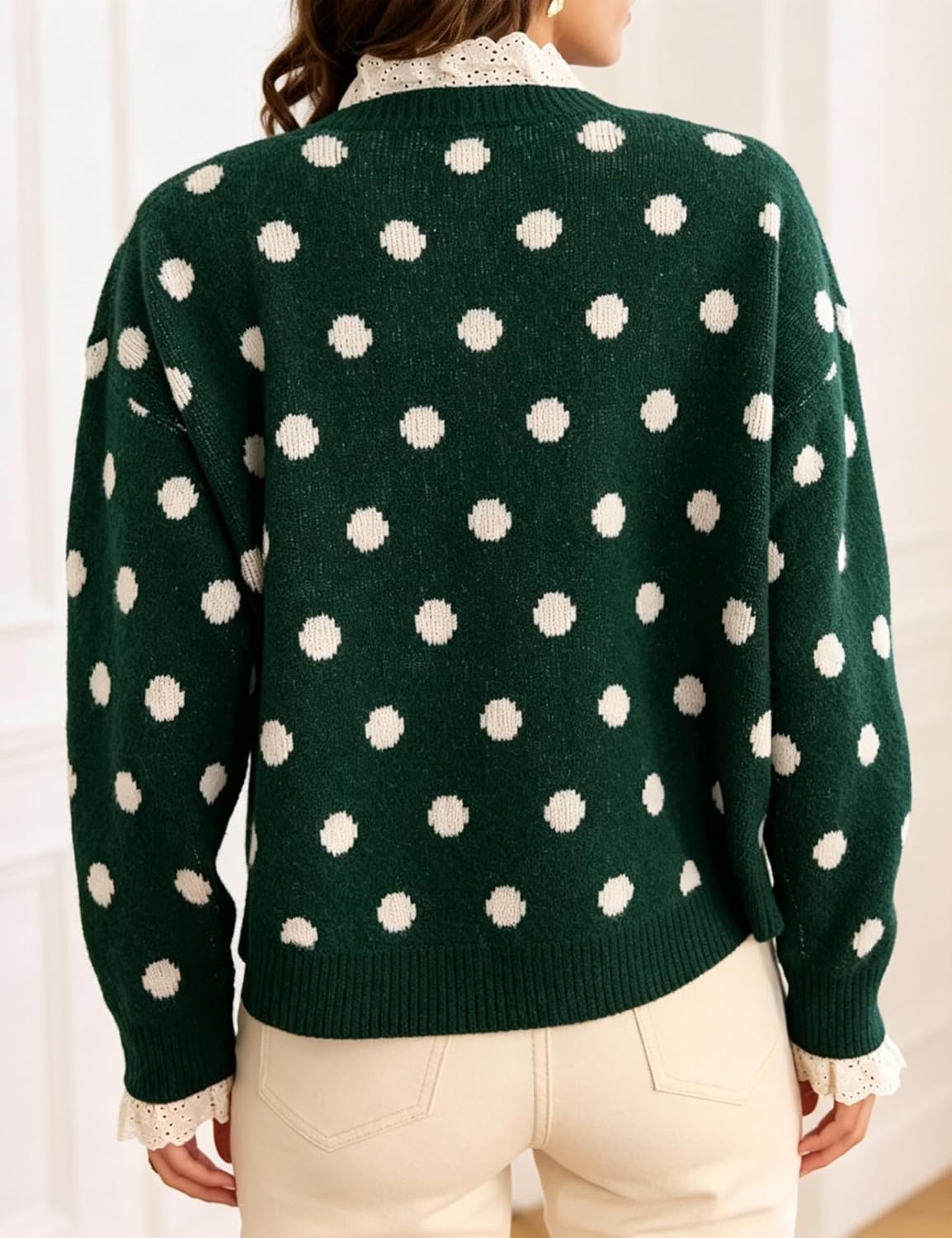 image:imageSpringrain Polka Dot Cardigan for Women Button Down Lace Trim Knit SweaterGreen