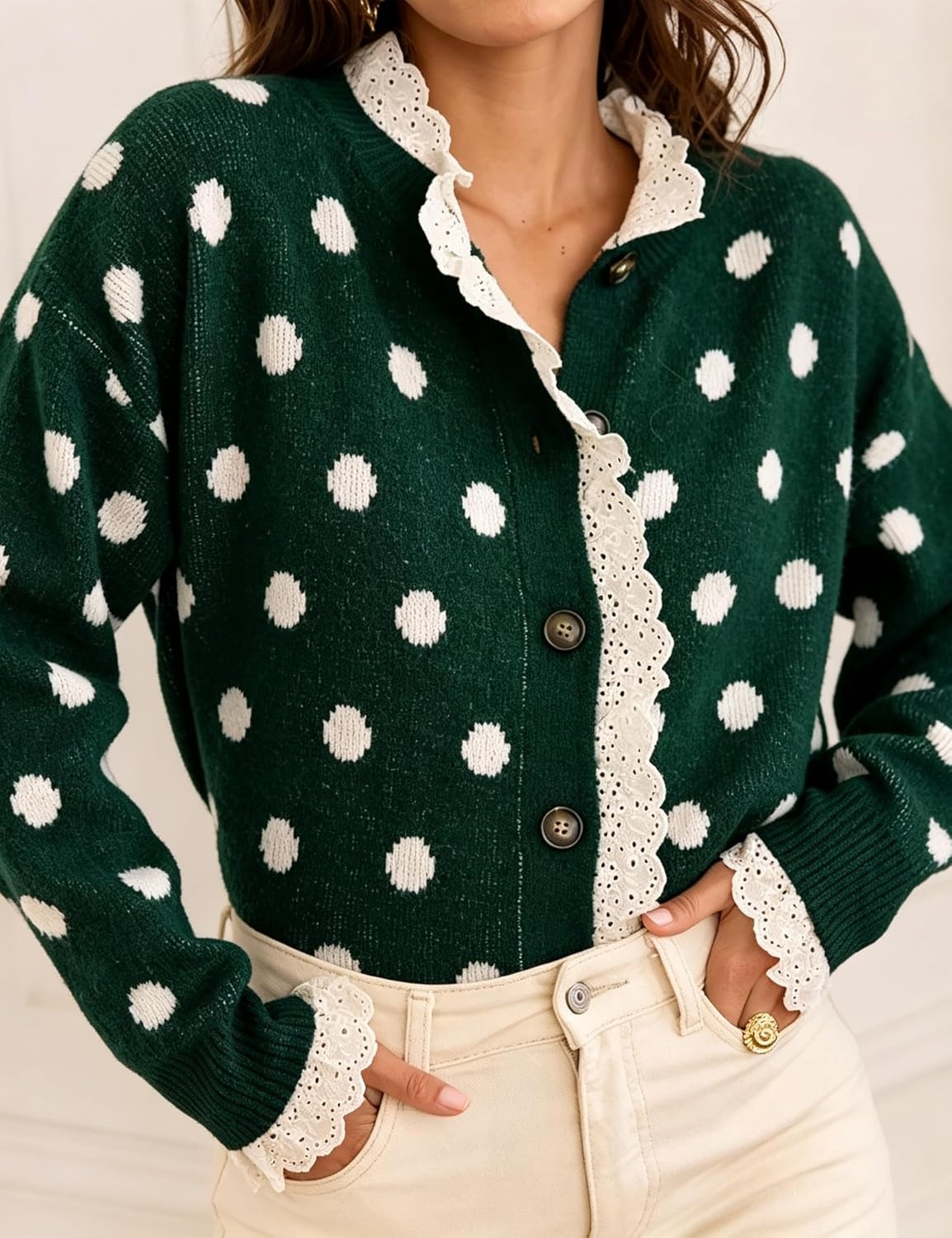 image:imageSpringrain Polka Dot Cardigan for Women Button Down Lace Trim Knit SweaterGreen