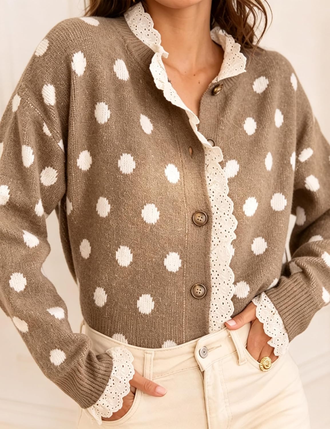 image:imageSpringrain Polka Dot Cardigan for Women Button Down Lace Trim Knit SweaterKhaki