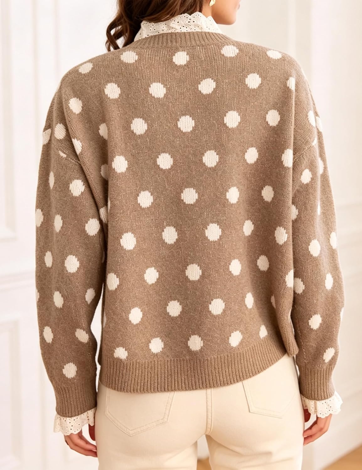 image:imageSpringrain Polka Dot Cardigan for Women Button Down Lace Trim Knit SweaterKhaki