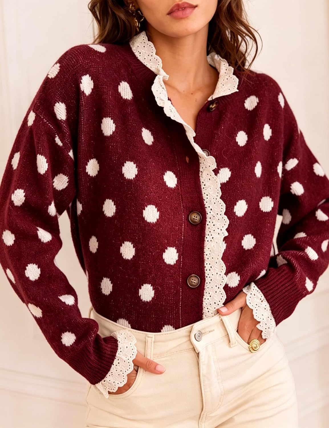 image:imageSpringrain Polka Dot Cardigan for Women Button Down Lace Trim Knit SweaterWinered