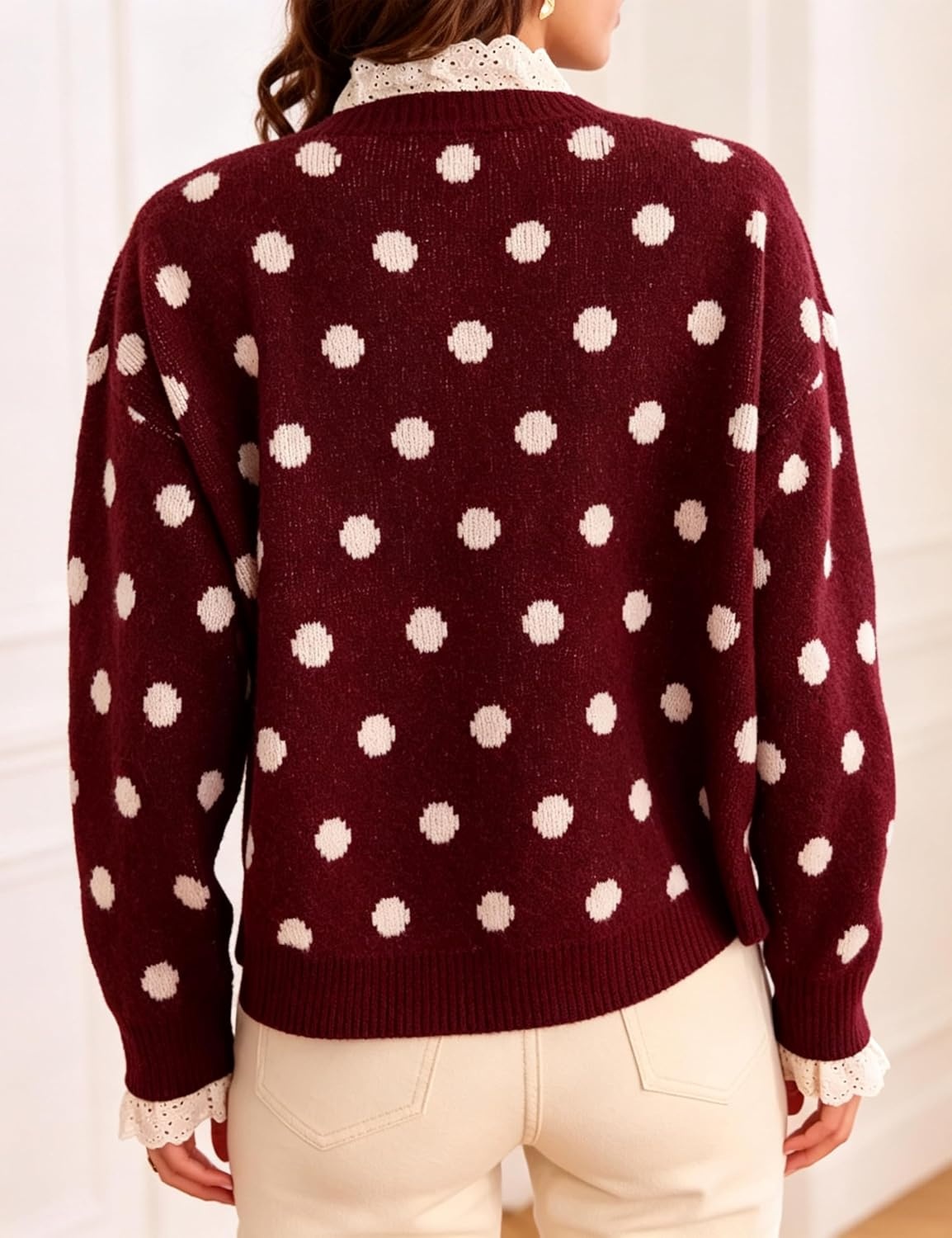 image:imageSpringrain Polka Dot Cardigan for Women Button Down Lace Trim Knit SweaterWinered