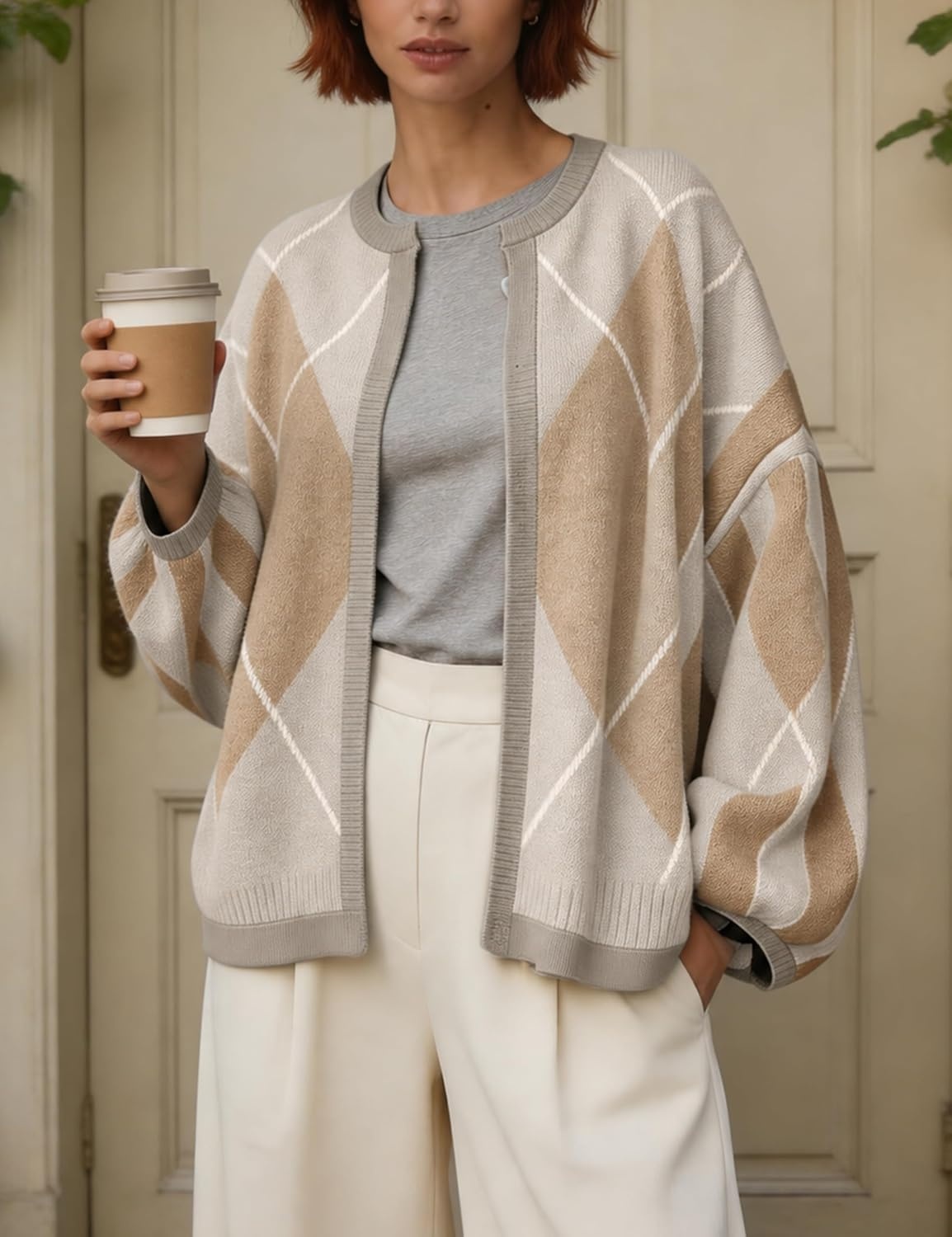 image:imageSpringrain Womens Argyle Knit Cardigan Oversized Open Front SweaterBeige