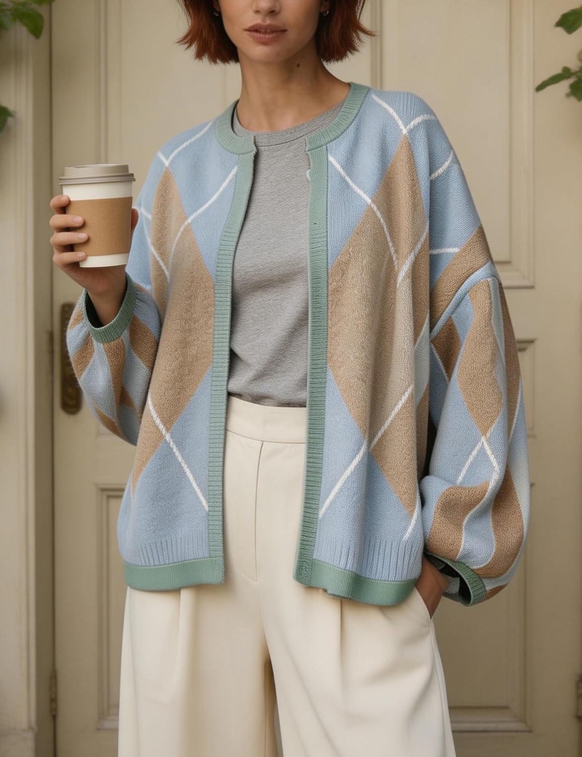 image:imageSpringrain Womens Argyle Knit Cardigan Oversized Open Front SweaterBlue