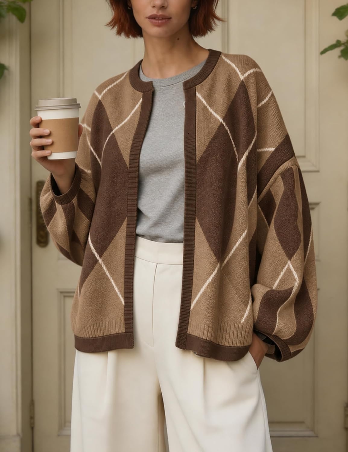 image:imageSpringrain Womens Argyle Knit Cardigan Oversized Open Front SweaterBrown