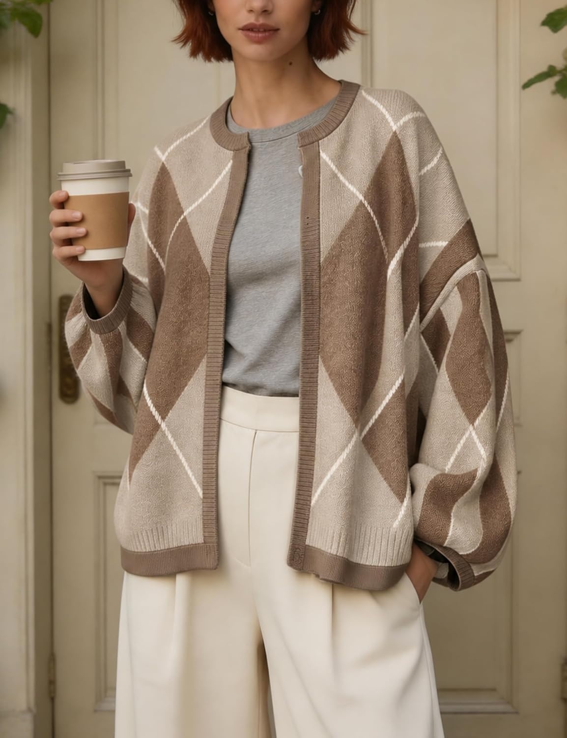image:imageSpringrain Womens Argyle Knit Cardigan Oversized Open Front SweaterKhaki
