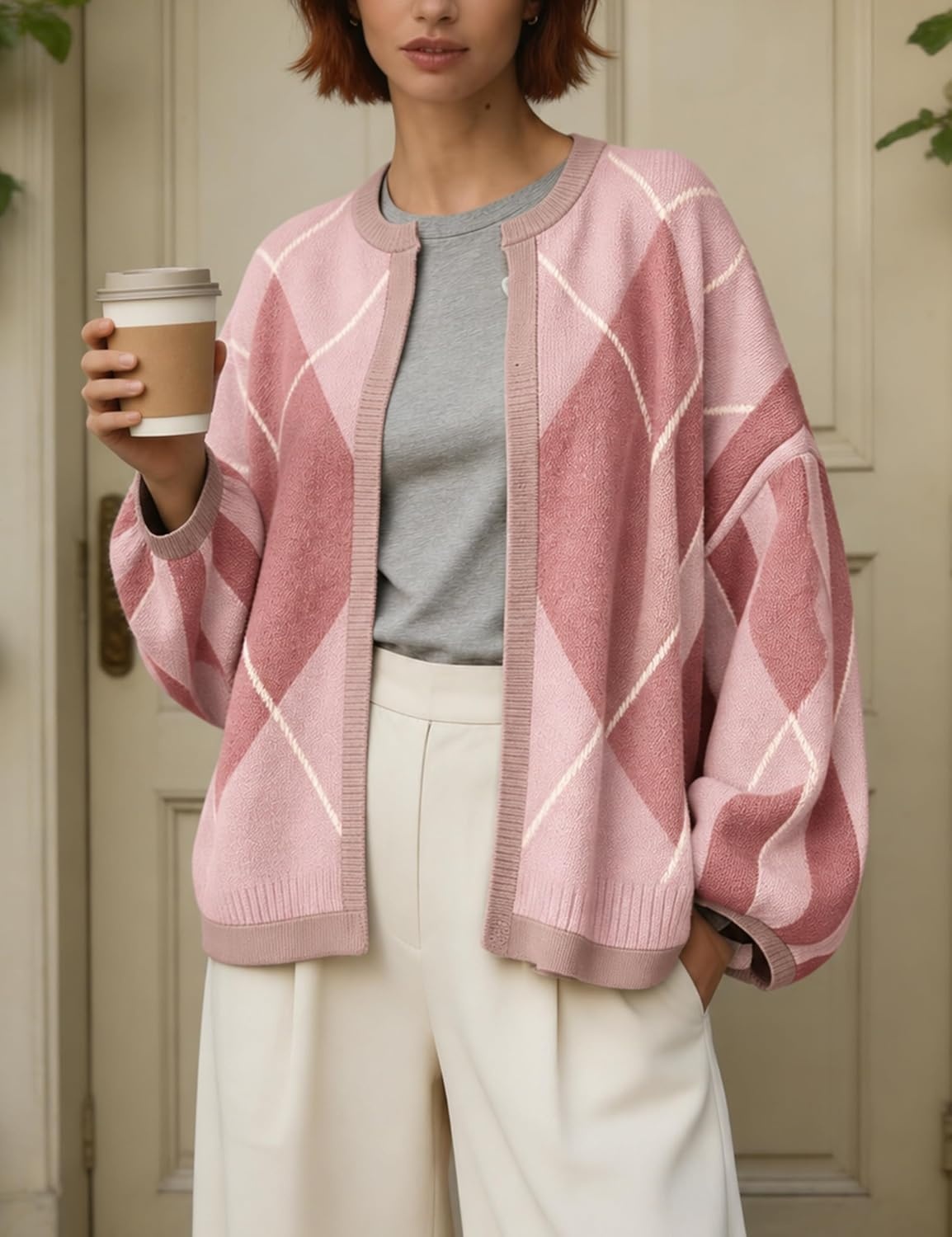 image:imageSpringrain Womens Argyle Knit Cardigan Oversized Open Front SweaterPink