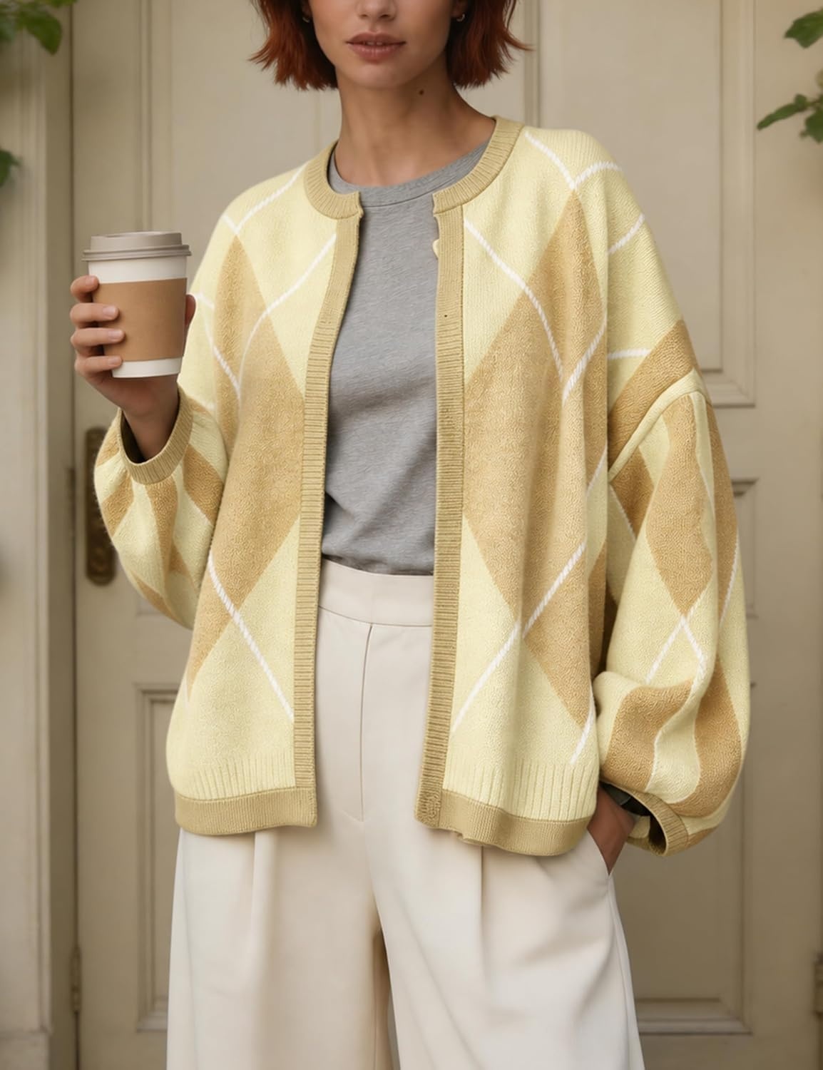 image:imageSpringrain Womens Argyle Knit Cardigan Oversized Open Front SweaterYellow