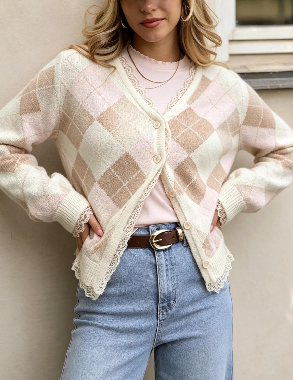 image:imageSpringrain Womens Argyle Knit Cardigan V Neck Lace Trim Button SweaterBeige