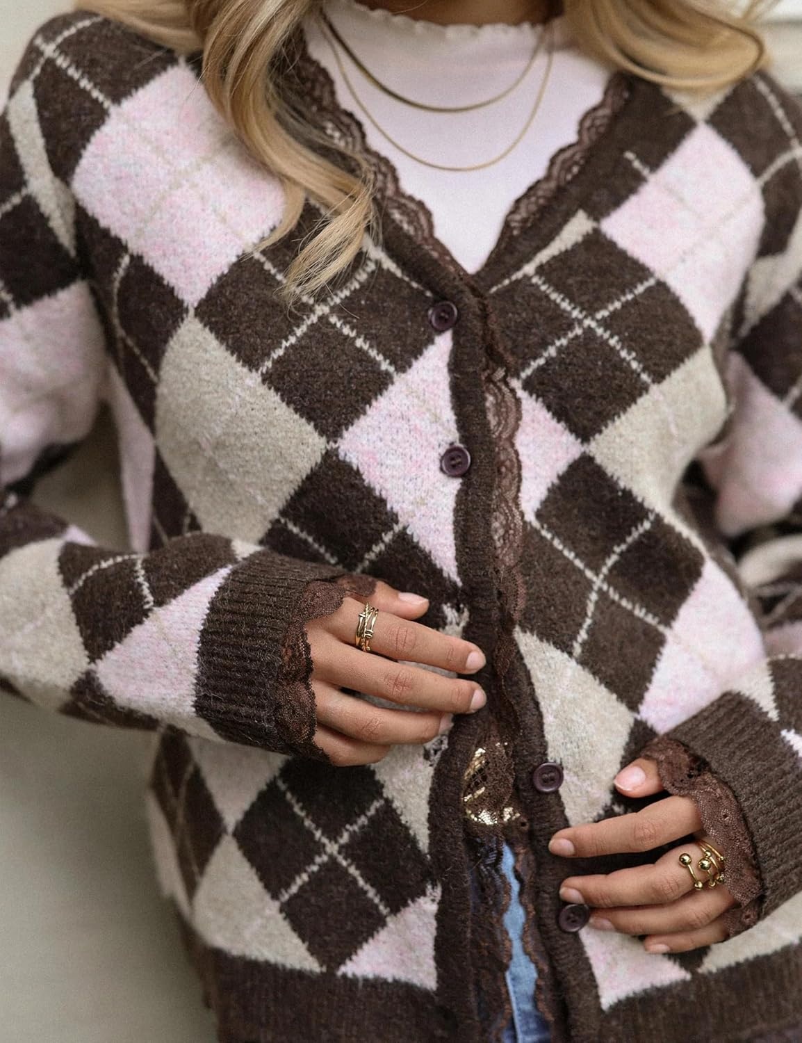 image:imageSpringrain Womens Argyle Knit Cardigan V Neck Lace Trim Button SweaterCoffee
