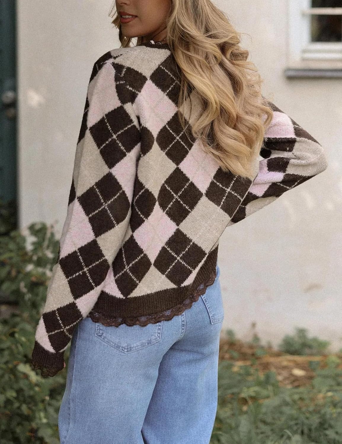 image:imageSpringrain Womens Argyle Knit Cardigan V Neck Lace Trim Button SweaterCoffee