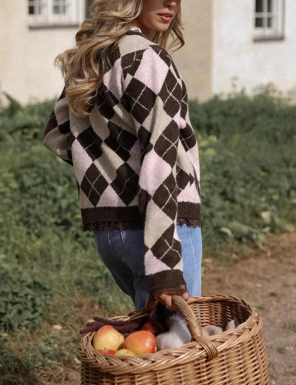 image:imageSpringrain Womens Argyle Knit Cardigan V Neck Lace Trim Button SweaterCoffee