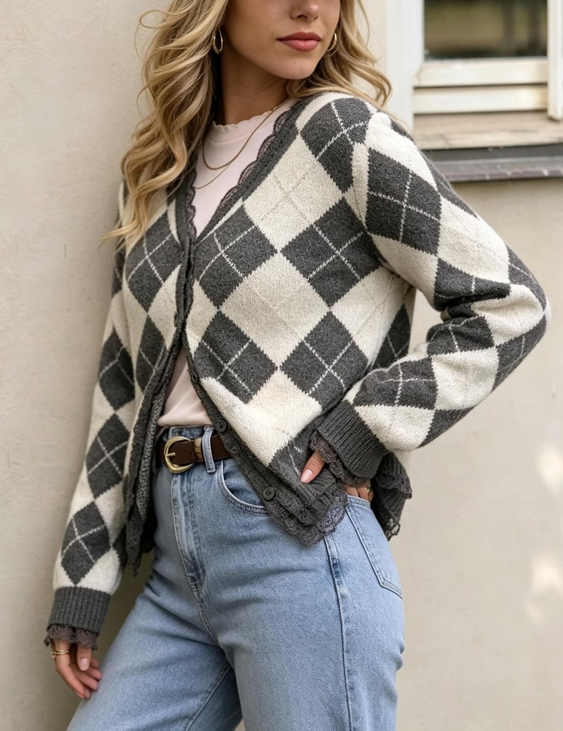 image:imageSpringrain Womens Argyle Knit Cardigan V Neck Lace Trim Button SweaterGrey