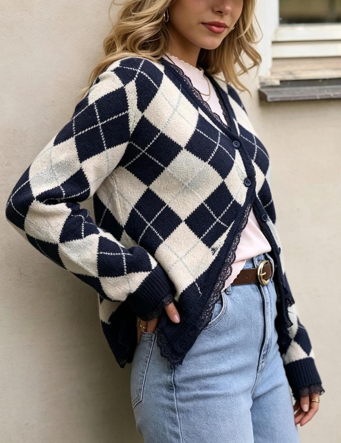 image:imageSpringrain Womens Argyle Knit Cardigan V Neck Lace Trim Button SweaterNavy