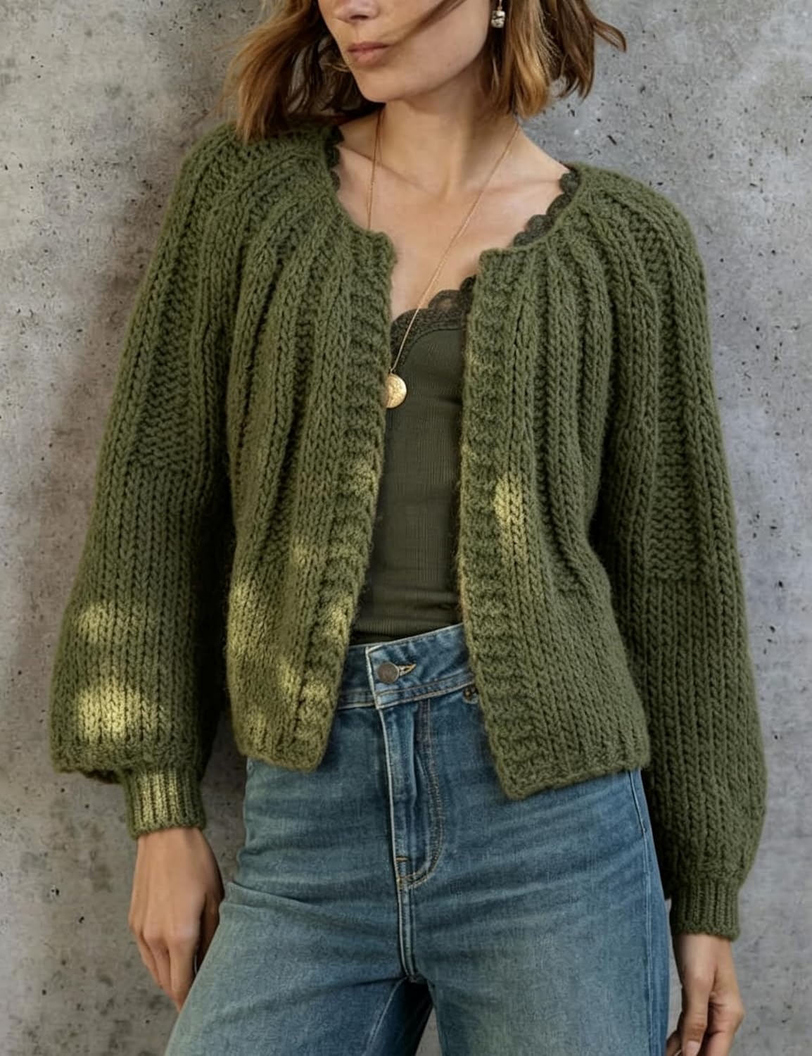 image:imageSpringrain Womens Chunky Knit Cropped Cardigan Casual Open Front SweaterArmygreen