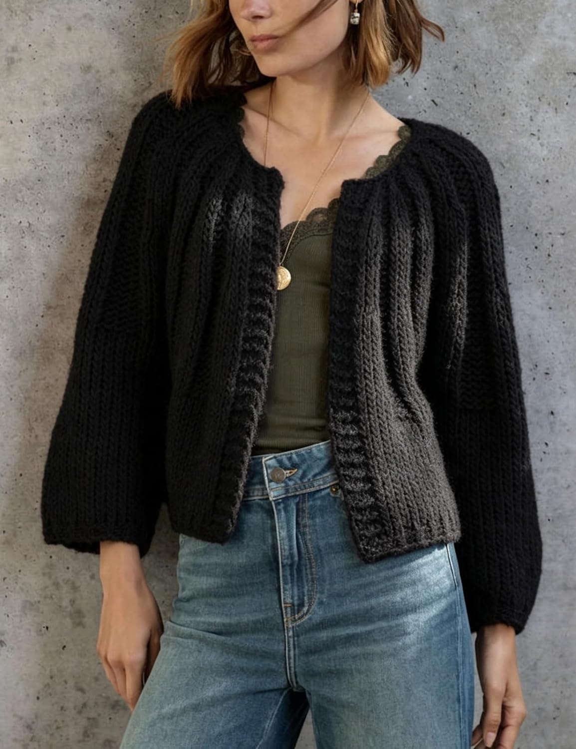 image:imageSpringrain Womens Chunky Knit Cropped Cardigan Casual Open Front SweaterBlack