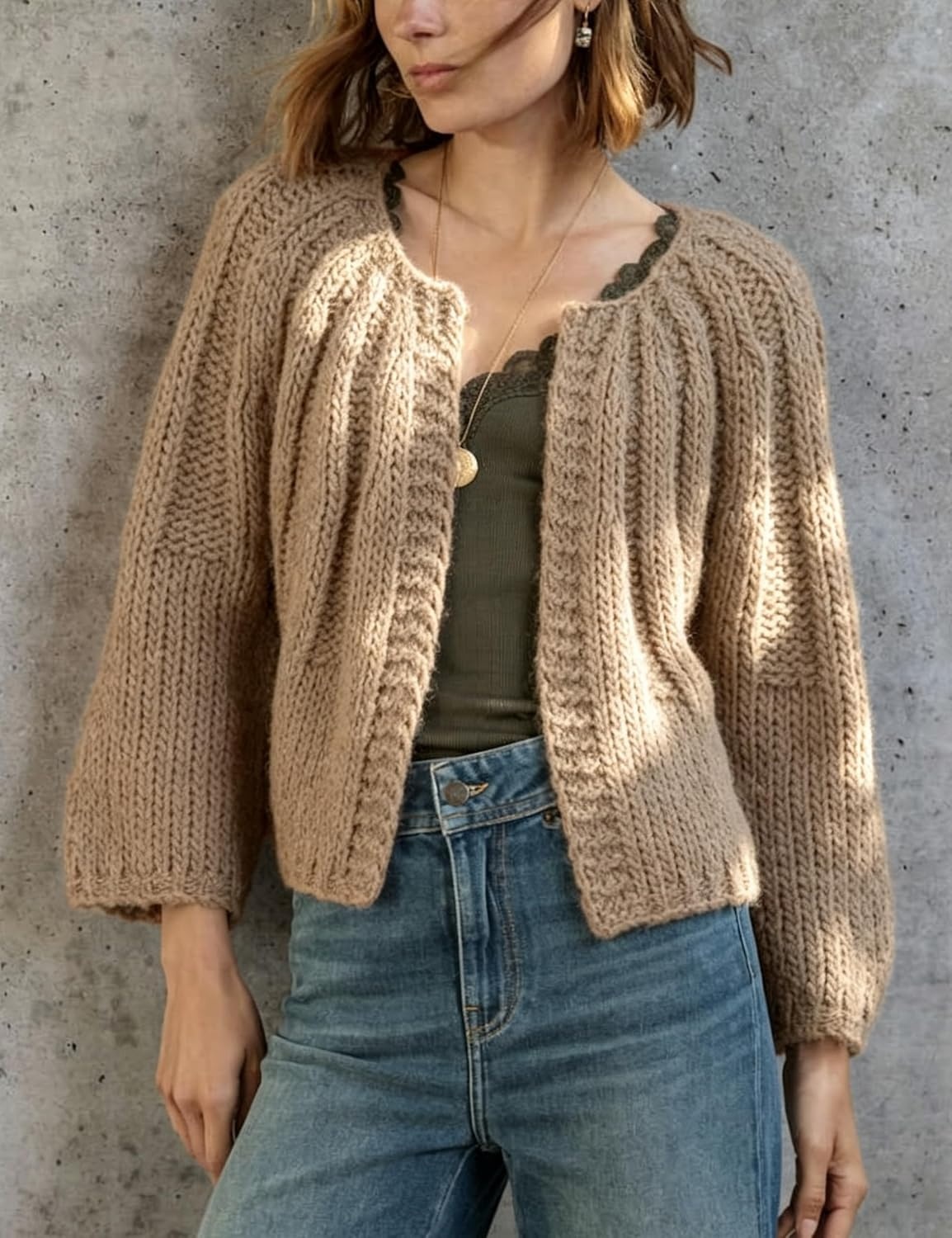 image:imageSpringrain Womens Chunky Knit Cropped Cardigan Casual Open Front SweaterKhaki