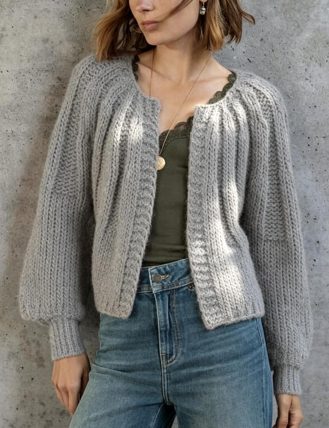 image:imageSpringrain Womens Chunky Knit Cropped Cardigan Casual Open Front SweaterLightgrey