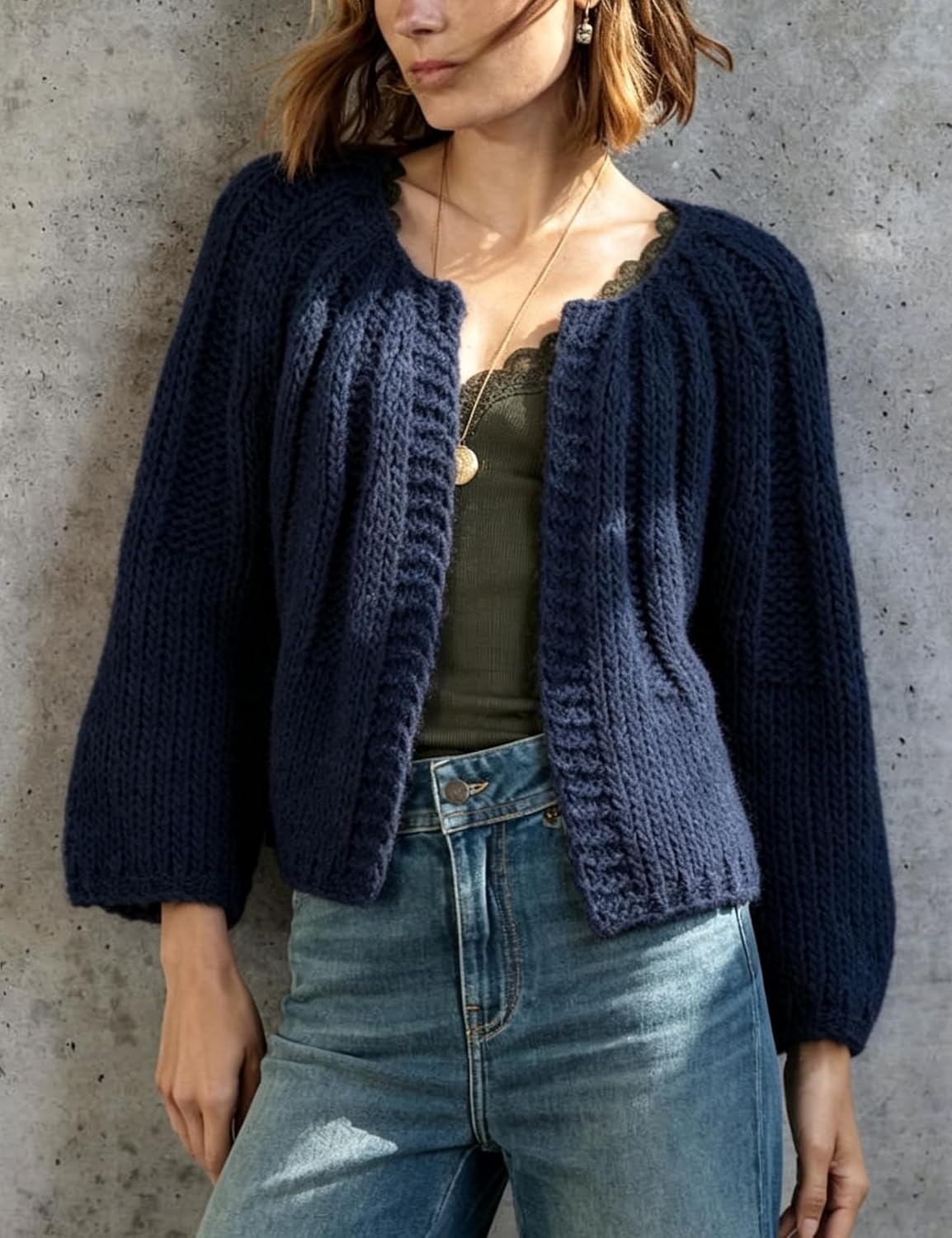 image:imageSpringrain Womens Chunky Knit Cropped Cardigan Casual Open Front SweaterNavy