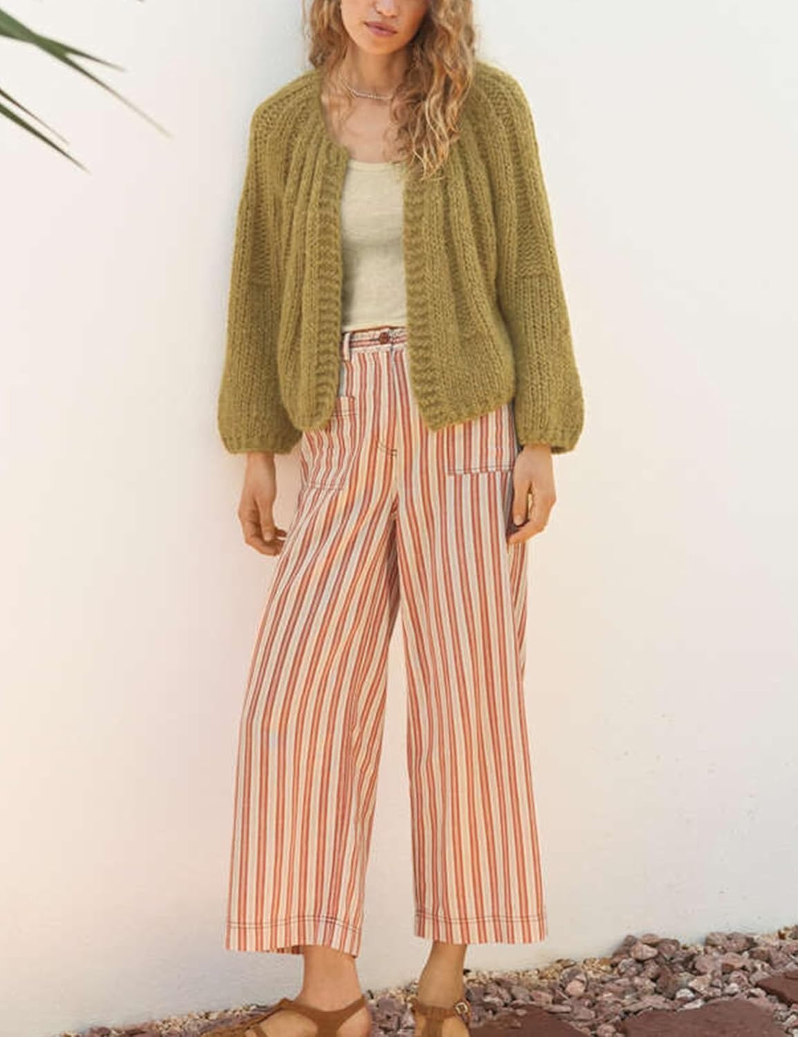 image:imageSpringrain Womens Chunky Knit Cropped Cardigan Casual Open Front SweaterOlive