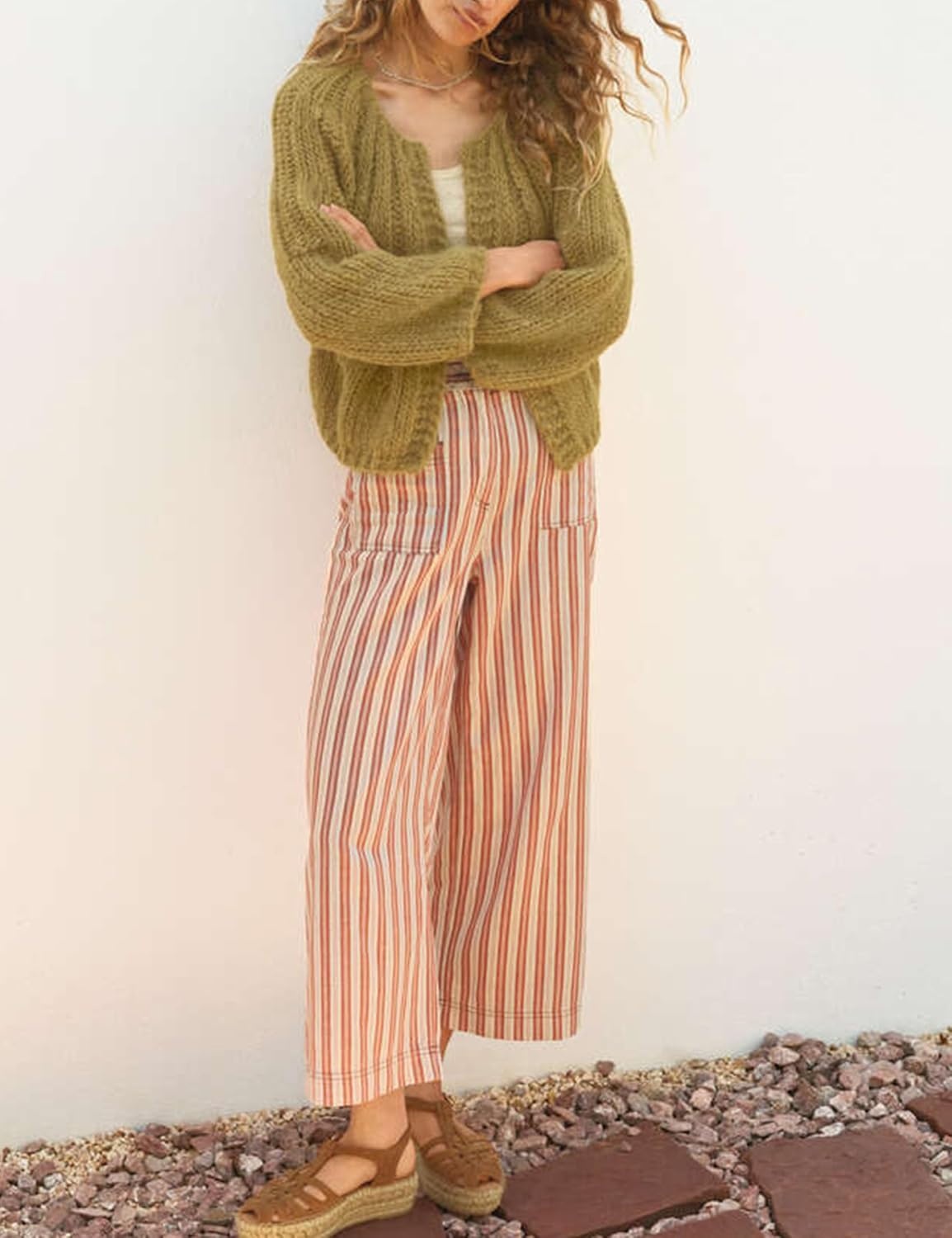 image:imageSpringrain Womens Chunky Knit Cropped Cardigan Casual Open Front SweaterOlive