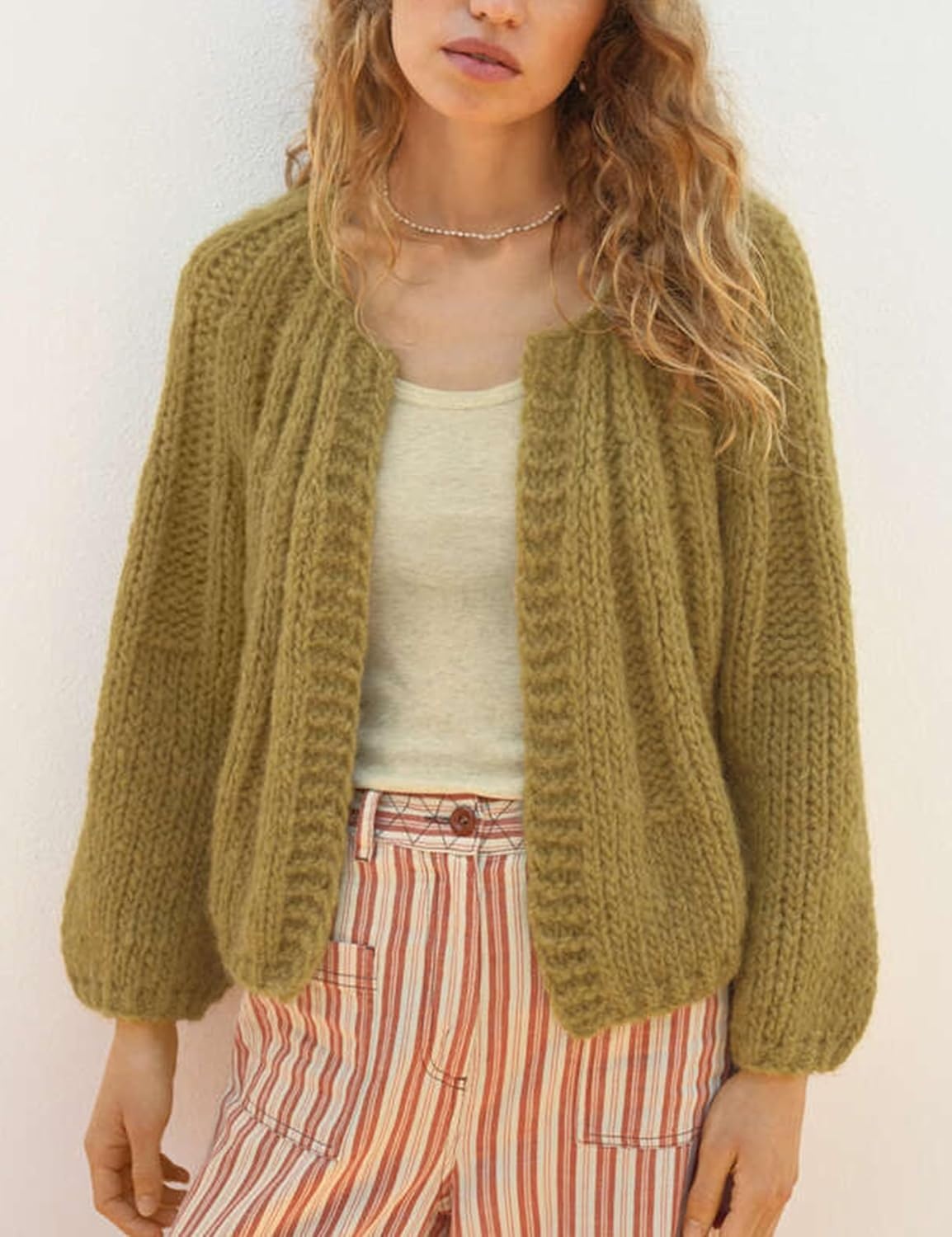 image:imageSpringrain Womens Chunky Knit Cropped Cardigan Casual Open Front SweaterOlive