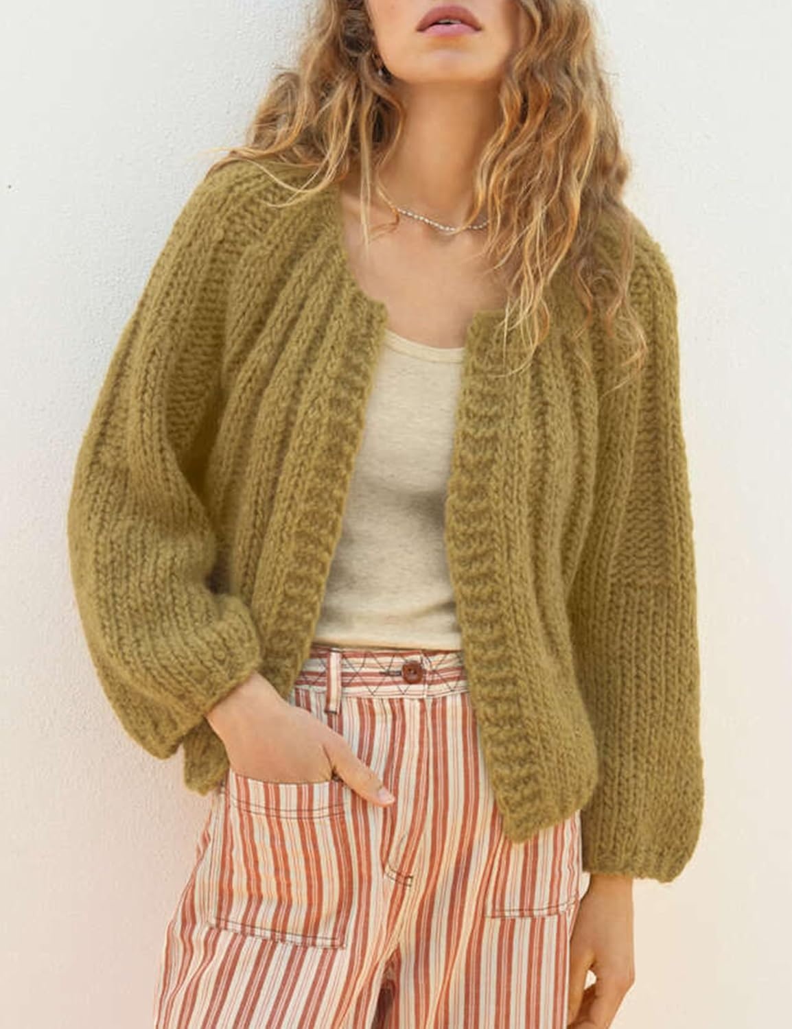 image:imageSpringrain Womens Chunky Knit Cropped Cardigan Casual Open Front SweaterOlive