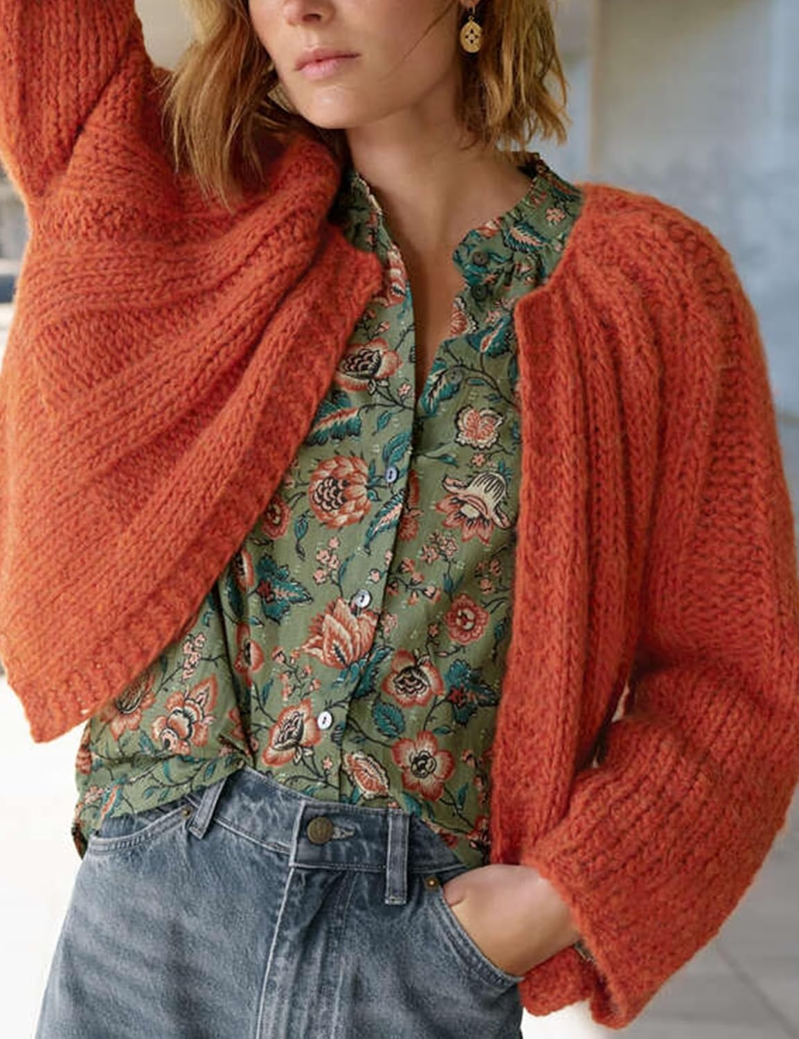 image:imageSpringrain Womens Chunky Knit Cropped Cardigan Casual Open Front SweaterOrange