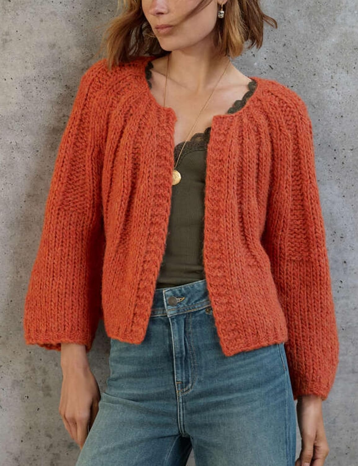 image:imageSpringrain Womens Chunky Knit Cropped Cardigan Casual Open Front SweaterOrange
