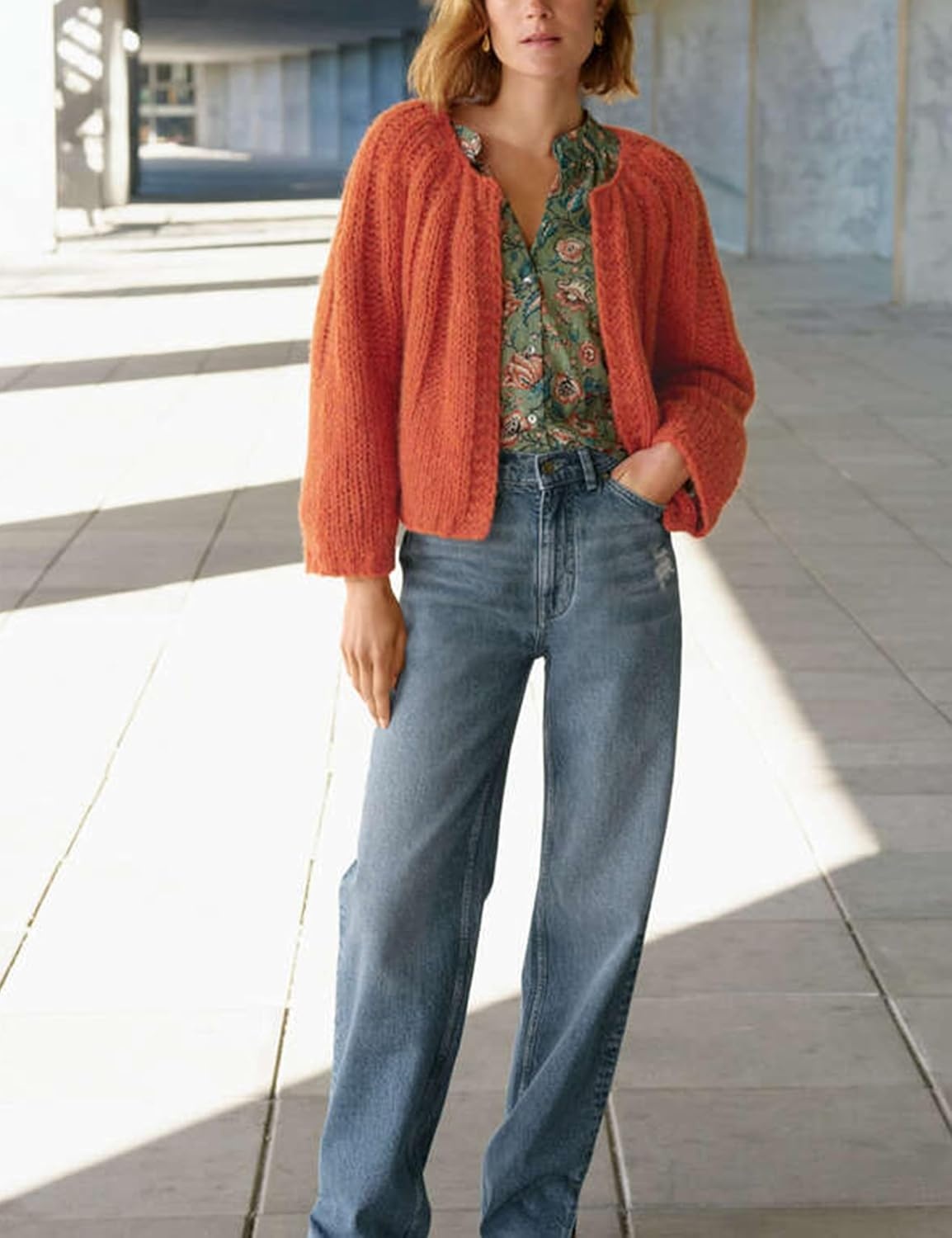 image:imageSpringrain Womens Chunky Knit Cropped Cardigan Casual Open Front SweaterOrange