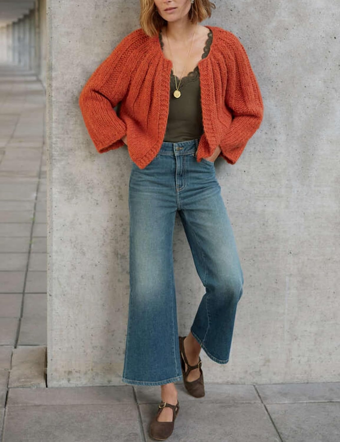 image:imageSpringrain Womens Chunky Knit Cropped Cardigan Casual Open Front SweaterOrange