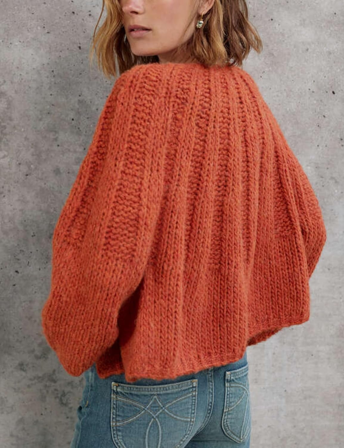 image:imageSpringrain Womens Chunky Knit Cropped Cardigan Casual Open Front SweaterOrange