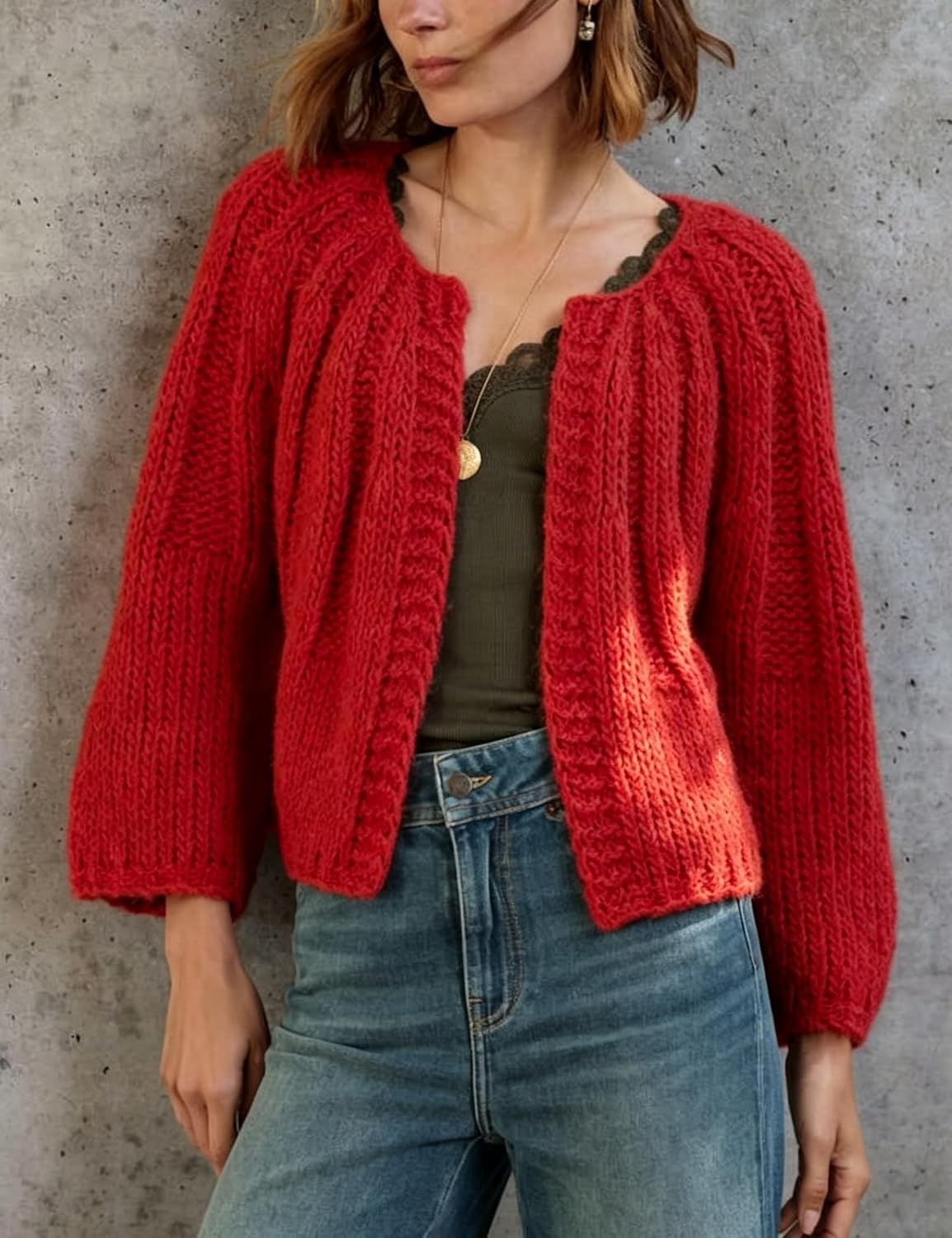 image:imageSpringrain Womens Chunky Knit Cropped Cardigan Casual Open Front SweaterRed