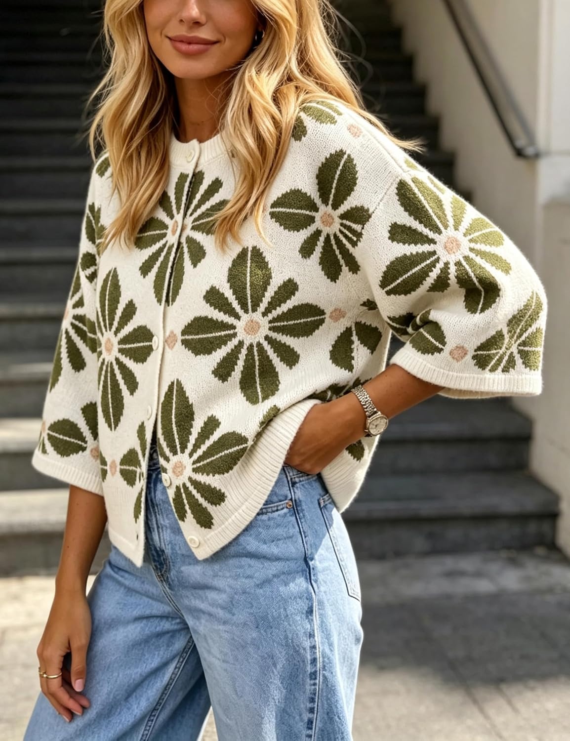 image:imageSpringrain Womens Floral Knit Cardigans 34 Sleeve Button Down SweaterArmygreen