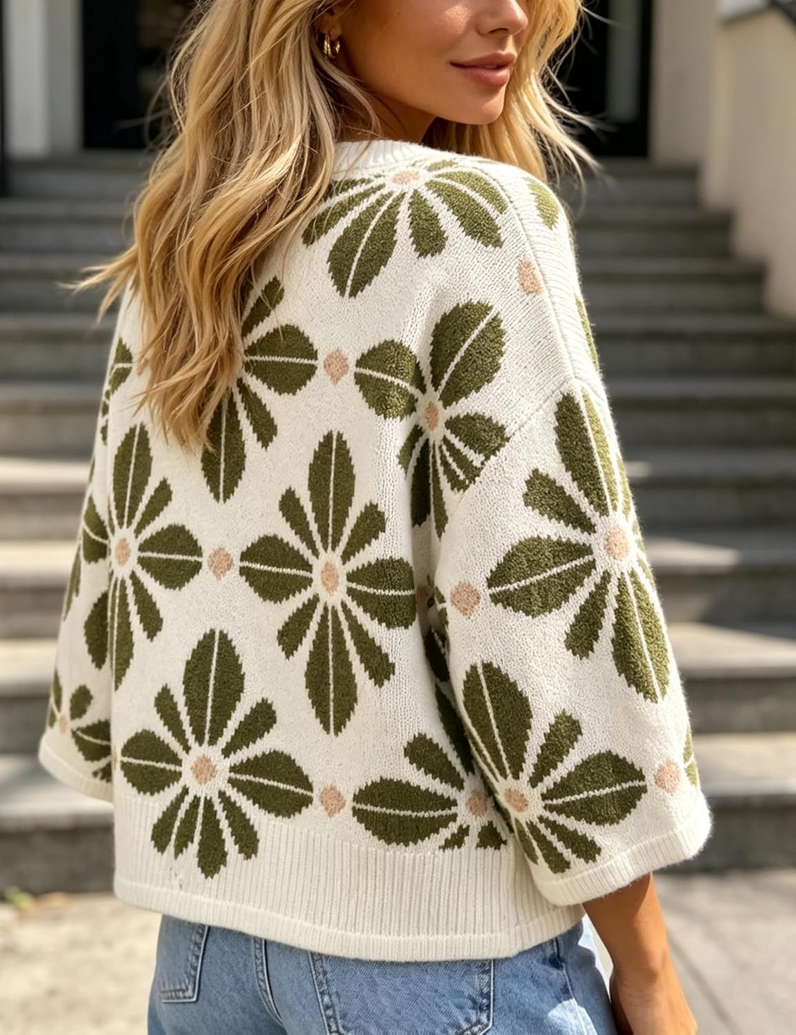 image:imageSpringrain Womens Floral Knit Cardigans 34 Sleeve Button Down SweaterArmygreen