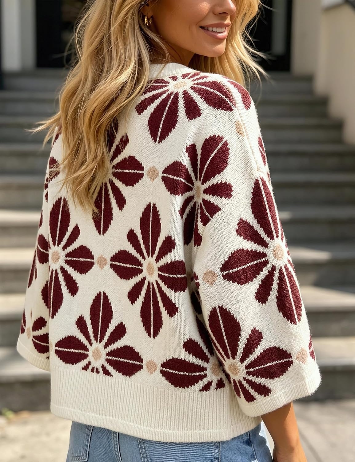 image:imageSpringrain Womens Floral Knit Cardigans 34 Sleeve Button Down SweaterBurgundy