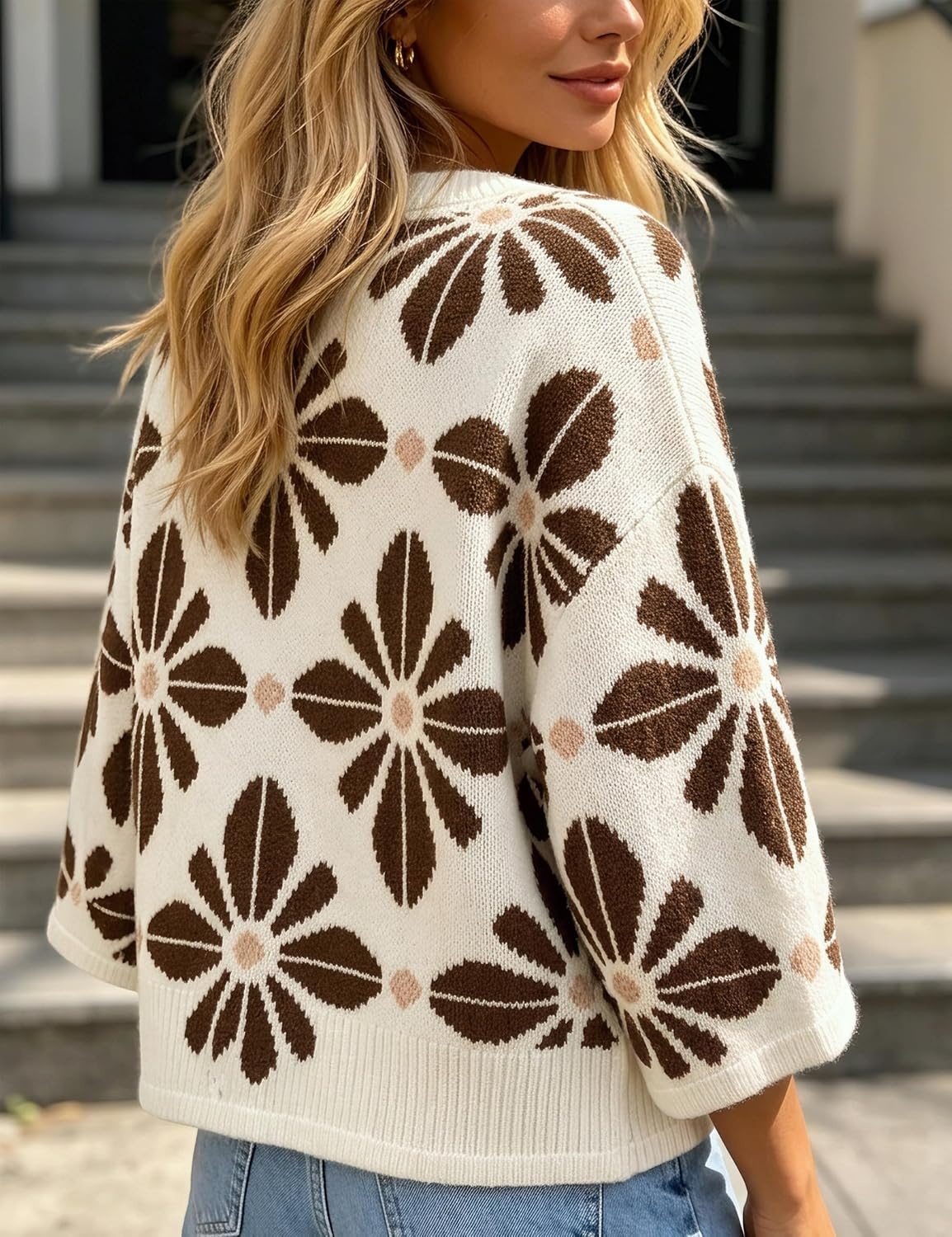 image:imageSpringrain Womens Floral Knit Cardigans 34 Sleeve Button Down SweaterCoffee